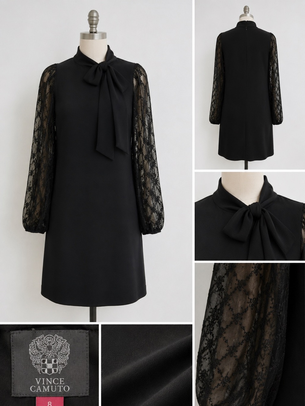 Vince Camuto Black Tie Neck Shift Dress Sheer Lace Balloon Sleeves Size 8